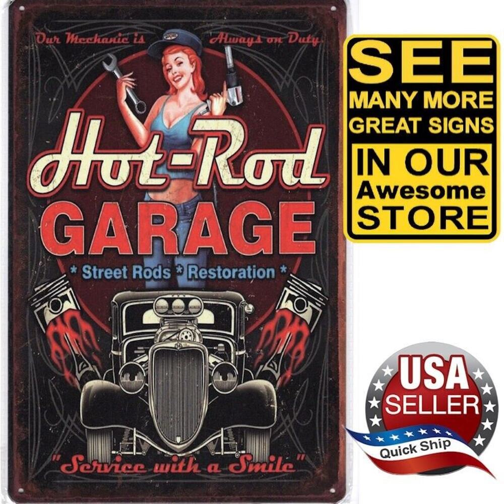 Tin Sign • 1950s Pin-Up Girl On duty • Hot Rod Garage Street Rods • Restoration